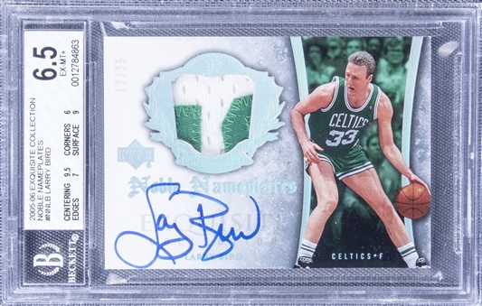 2005-06 UD "Exquisite Collection" Noble Nameplates #NNLB Larry Bird Signed Game Used Patch Card (#13/25) - BGS EX-MT+ 6.5/BGS 10